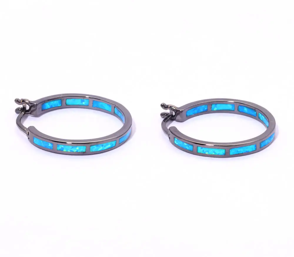 CiNily Created Blue Fire Opal Black Gold Color Wholesale Hot Sell for Women Fashion Jewelry Hoop Earrings 1 1/8&quot OH3726 | Украшения и