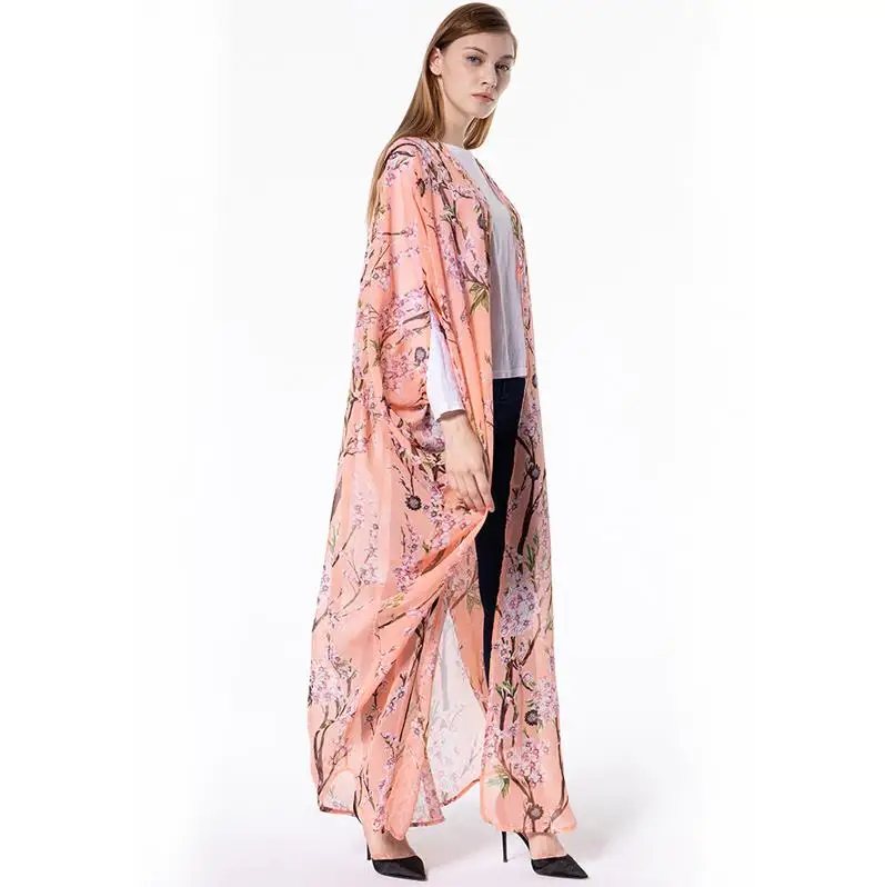 Размера плюс ropa mujer Boho abaya Дубай мусульманский корейский длинный рукав летучая мышь шифон Цветочный кимоно кардиган блузка женская одежда - Цвет: Coral Red
