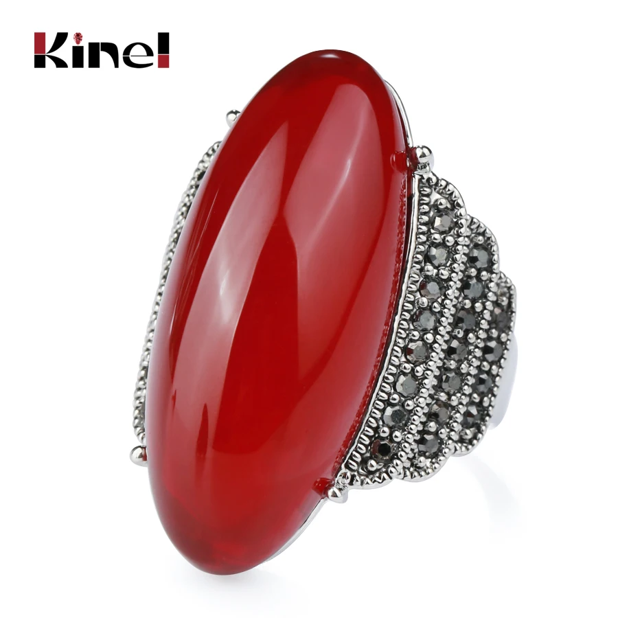 

Kinel Luxury Big Oval Stone Ring For Women Antique Tibetan Silver Bright Black Crystal Ring Fashion Vintage Wedding Jewelry