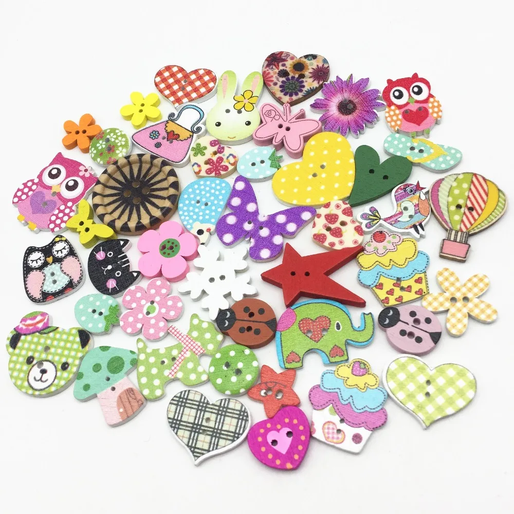 

50pcs Pretty Wooden Buttons Round Star Heart Owl Flower Cartoon Mixed Sewing Accessories Embellishments Button