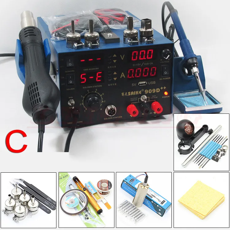 Паяльник SAIKE 909D ++ 3 в 1, тепловая пушка, источник питания, Сварочная ремонтная паяльная станция с бесплатными подарками, 110 В или 220 В