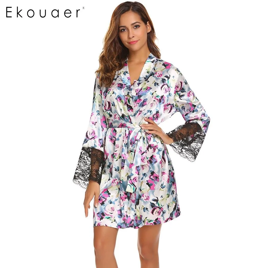 Ekouaer, сексуальный женский халат, кимоно, длинный рукав, халат, кружевная отделка, Ночная сорочка с леопардовым принтом, халат с поясом, женский халат, Халат