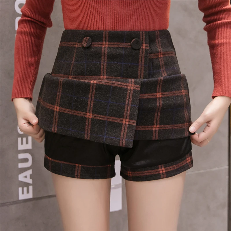 

New Female 2018 Plaid Skirts Autumn Winter Woolen Skirts Women High Waist A-line Skirts Under Shorts Skirt England Preppy Style