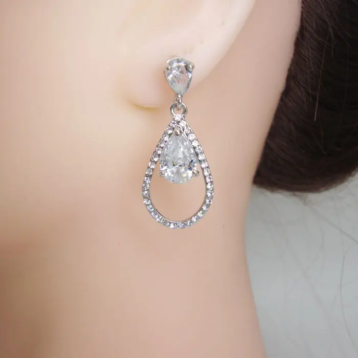 

Wedding Bride Silver Color TearDrop Earrings Clear Austrian Crystal