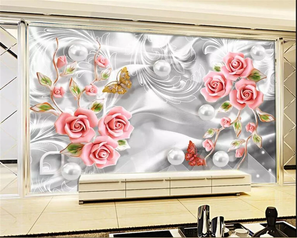 

Beibehang Custom wallpaper mural silk beads flower decoration embossed flowers butterfly Photo 3d wallpaper carta da parati