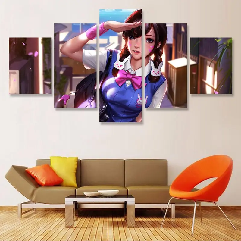 Overwatchs D.Va настенная живопись 5 панелей холст Художественная печать плакат