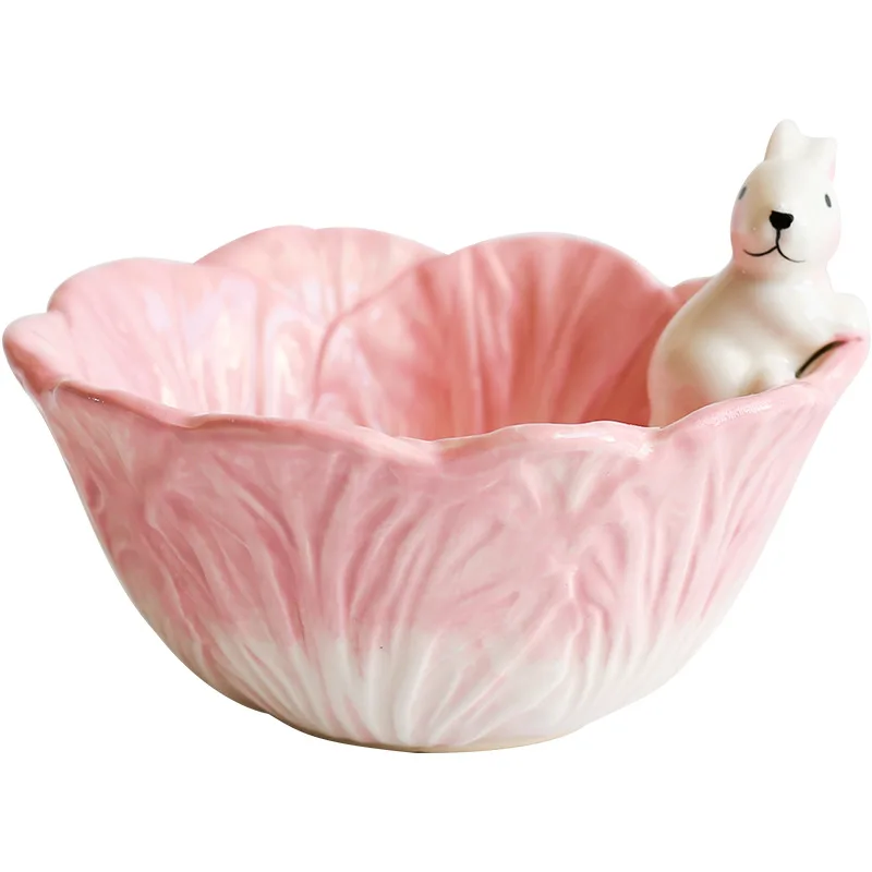 Cute Rabbit Cabbage Ceramic Plate Floral Round Salad Bowl Porcelain Dinner Plate Steak Fruit Tray Decorative Snack Dishes Plate