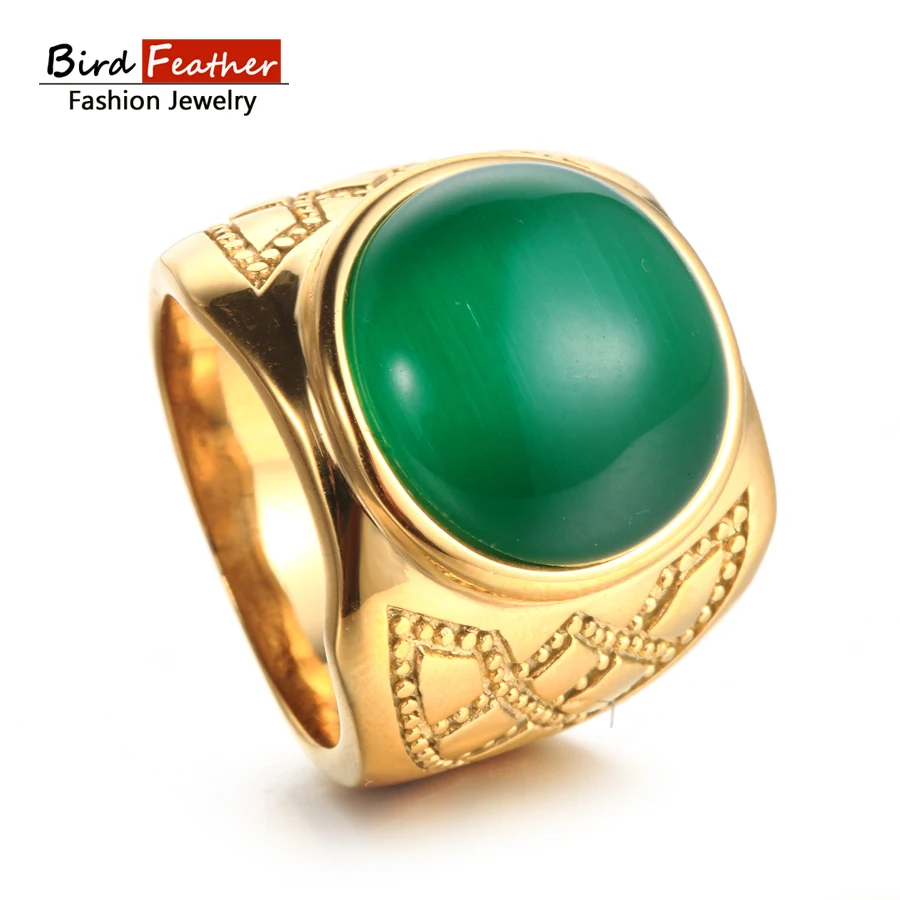 Кольцо из нержавеющей стали с птичьим пером мужское кольцо зеленым кошачьим