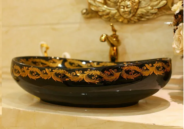 

Oval Bathroom Lavabo Ceramic Counter Top Wash Basin Cloakroom Hand Painted Vessel Sink 5049