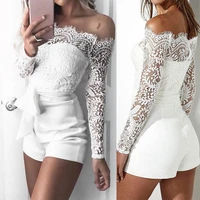 women ladies summer autumn off shoulder sexy playsuits fashion long sleeve sheer lace patchwork hollow bandage skinny jumpsuits