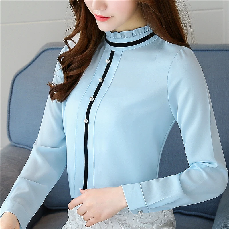 Женская однотонная блузка с длинным рукавом Офисная Элегантная бисером весна