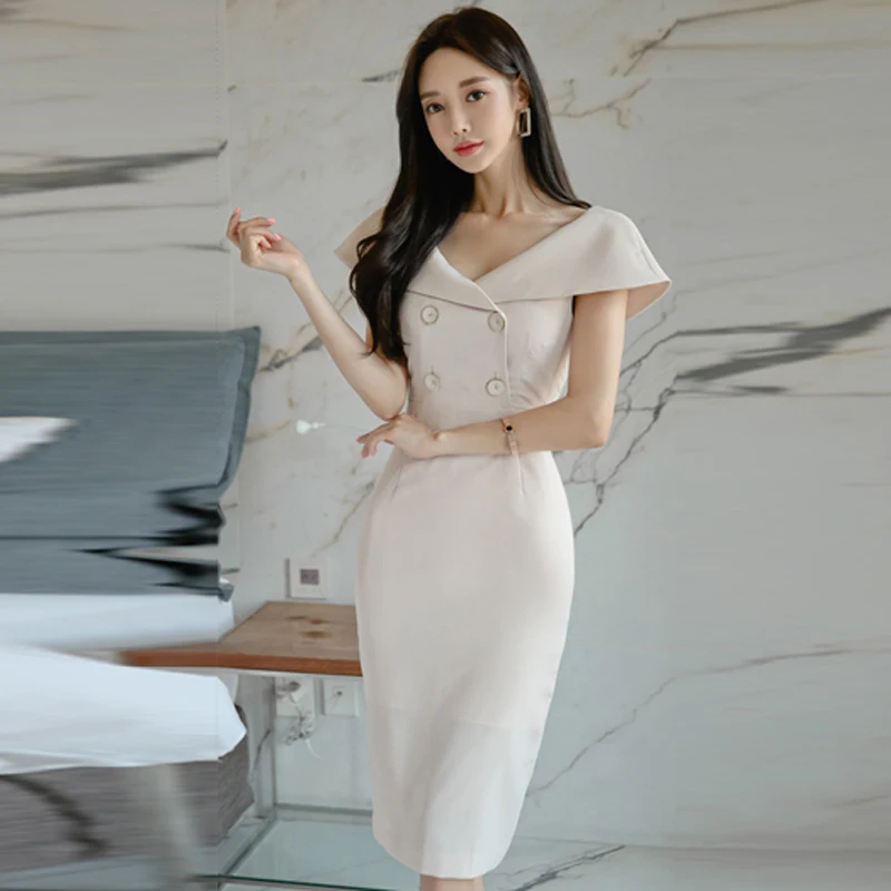 Office Ladies Summer Dress V-neck Front Button Knee-length Women Elegant Slim Waist Female Vestidos robe femme 2019 | Женская одежда