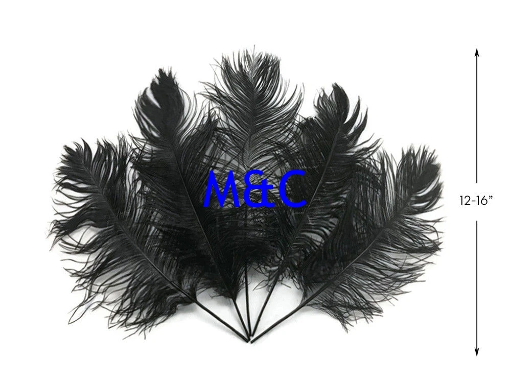 

Wholesale 100pcs Cheap Ostrich tails Feathers Black color Dyed size in 12-14inch 14-16inch 16-18inch DIY wedding party decor.