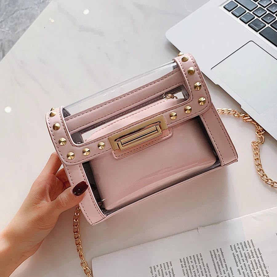 Прозрачная Желейная маленькая квадратная сумка с шипами женская на плечо модная