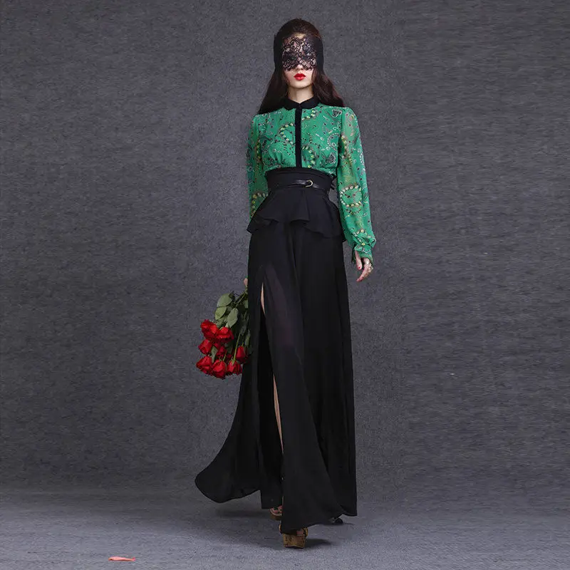 Женская шифоновая юбка с баской длинная винтажная макси в стиле ретро завышенной