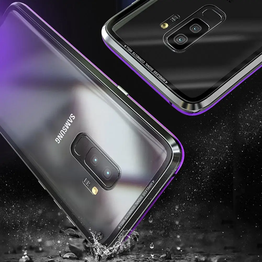 For Samsung Galaxy S8 S9 Plus Magnetic Absorption Temper Glass Back Metal Bumper Frame Case Cover |