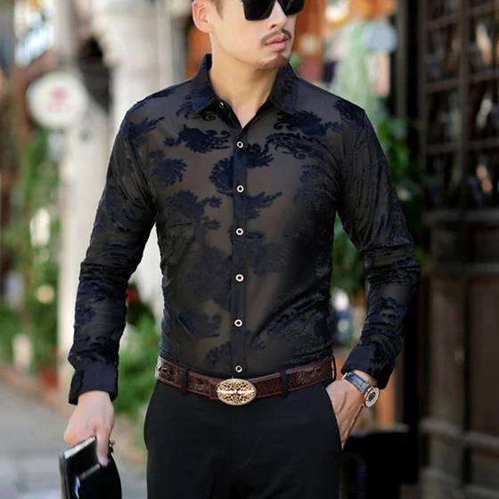 LS Paisley Black Роскошная кружевная Мужская рубашка с узором пейсли и цветочной вышивкой, прозрачная Мужская одежда, сексуальные рубашки для клубной вечеринки и выпускного вечера - Цвет: LS Paisley Black