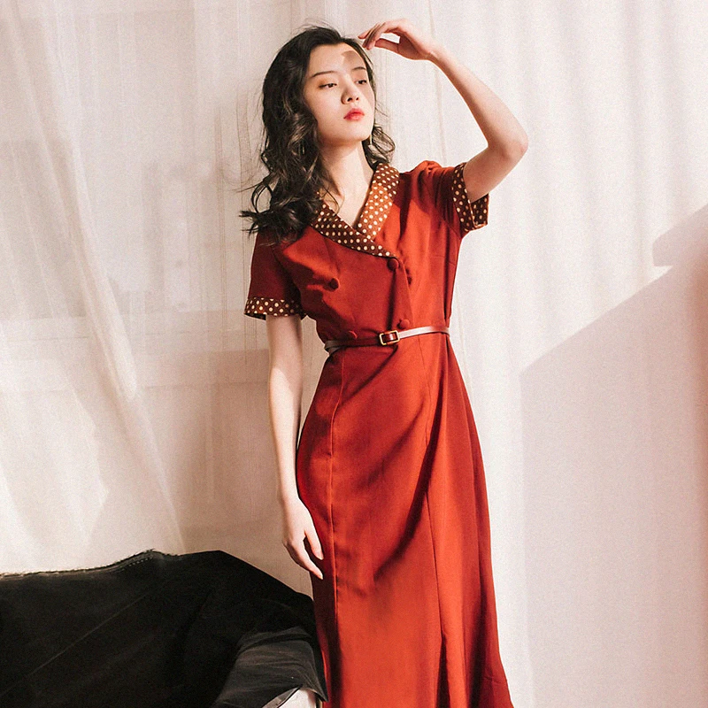 

Victorian French retro temperament elegant dress female beach vacation double breasted v neck fashion fishtail dress wq1937