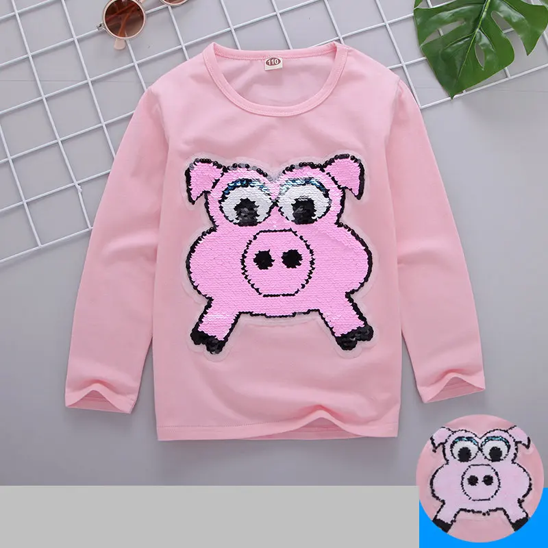Pig A Pink Футболка для девочек; Детские футболки с пайетками и рисунком кота; сезон весна-осень; рубашки для смены цветов; футболка; Enfant Garcon; детская одежда - Цвет: Pig A Pink