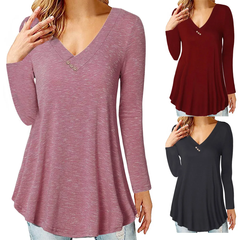 Женская футболка с v-образным вырезом и длинным рукавом,, Camisas Femininas, Женская однотонная Повседневная Свободная футболка на пуговицах/PY
