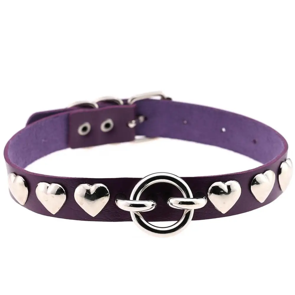 Purple KMVEXO модный чокер в готическом стиле ювелирные изделия Металл Круглый кожаный сердце чокер колье подарок для женщин девочек панк заклепки шеи Torques - Окраска металла: Purple