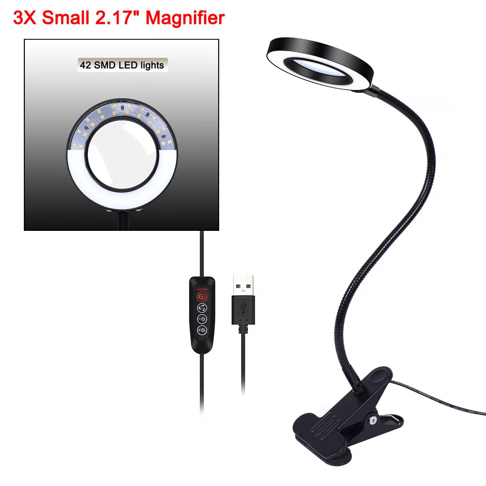 3X Small Magnifier NEWACALOX Гибкая 3X/5X USB 3 вида цветов лампа лупа клип-на столешнице стол LED для чтения большие линзы с подсветкой увеличительное стекло - Цвет: 3X Small Magnifier