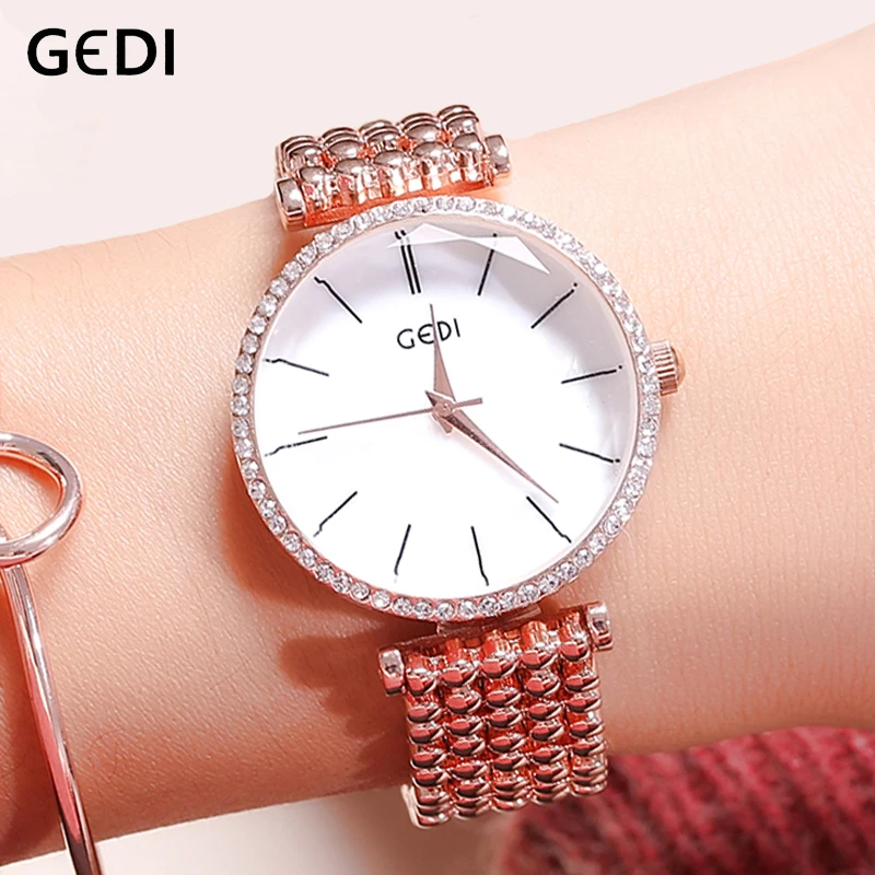 GEDI Роскошные для женщин часы брендов Кристалл Rosegold циферблат модные дамские