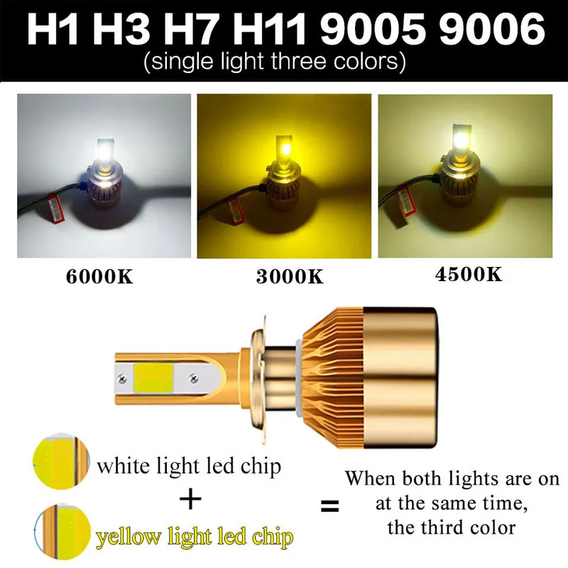 2 шт. Автомобильные светодиодные лампы H7 H1 3000K 6000K 4500K H3 H4 H9 H11 HB3 9005 HB4 9006 880