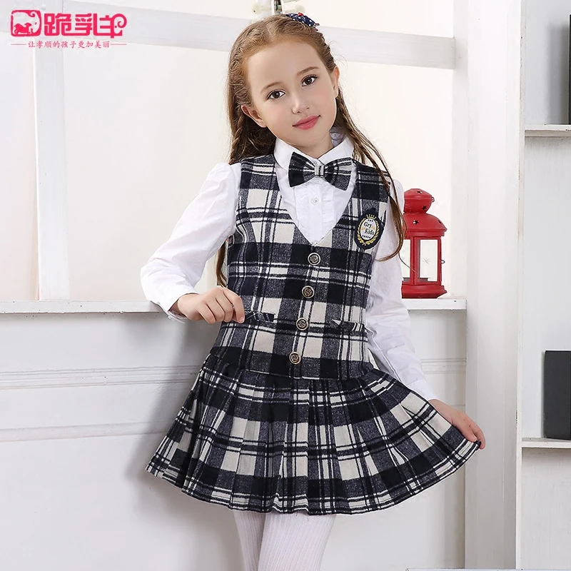 Клетчатое платье из 2016 шерсти в британском стиле для девочек осенне-зимнее новое