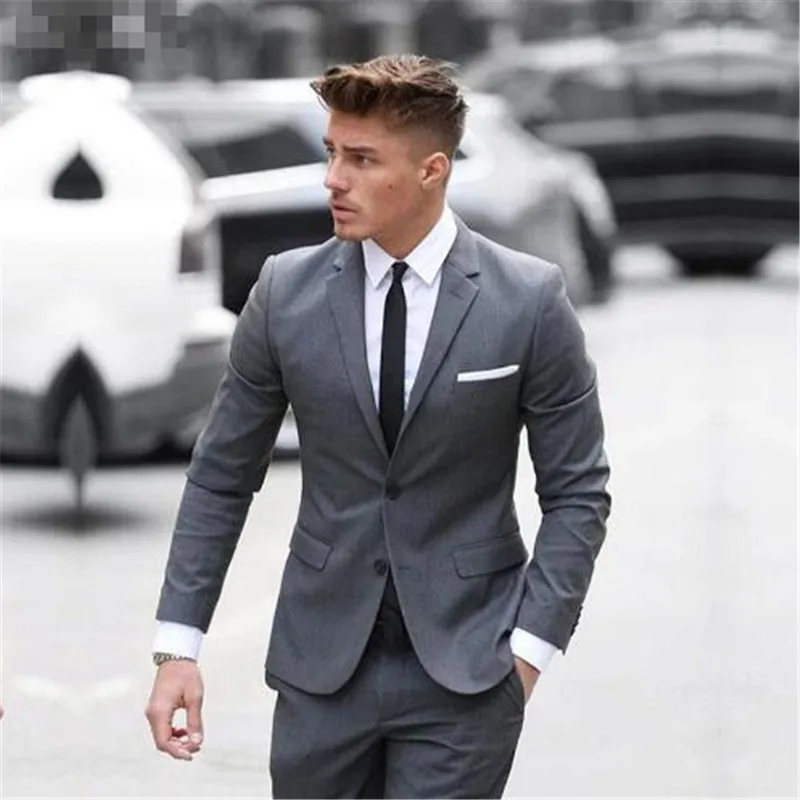 

Classic Grey Two Button Custom Made 2019 Mens Suits 2Pieces(Jacket+Pant+Tie) Business Men's Wedding Suits Slim Fit Tuxedo