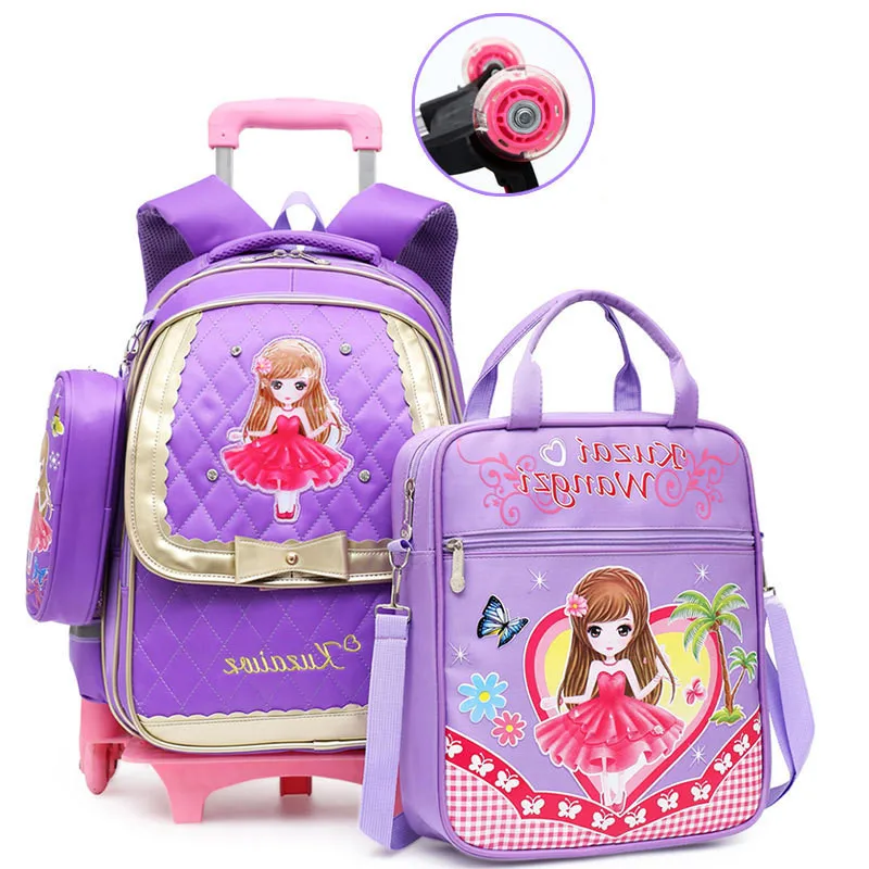 purple 2 wheels Набор детских школьных сумок на колесиках Mochilas, детские рюкзаки с колесиками, багаж для девочек, рюкзак, рюкзак, детский школьный рюкзак - Цвет: purple 2 wheels