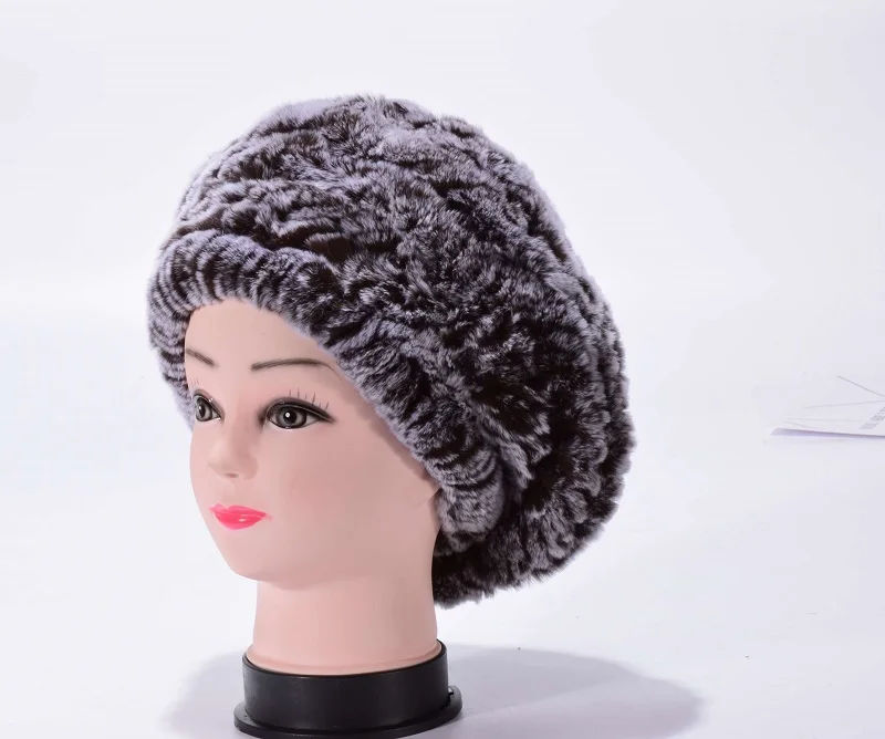 Женский натуральный вязаный берет из меха кролика Рекс зимние шапки