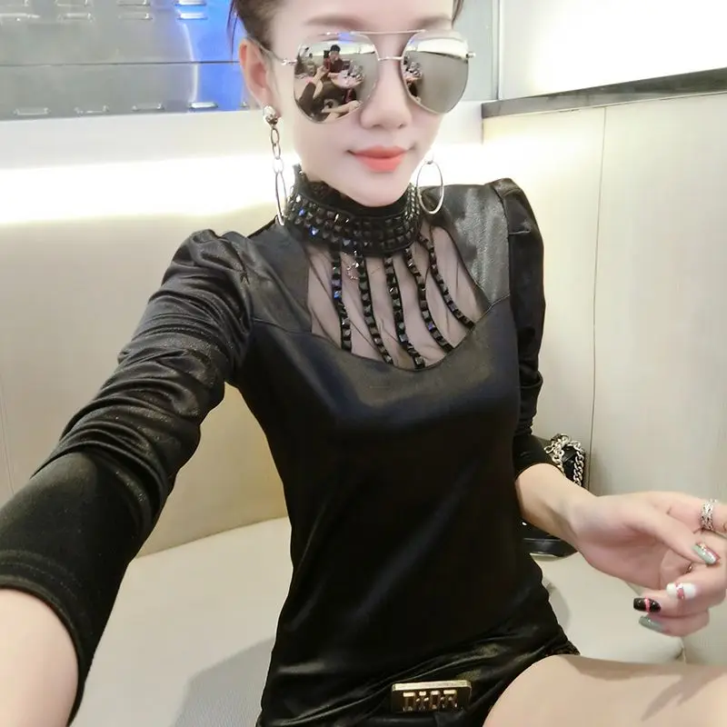 Black tshirts Сексуальный пуловер с леопардовым принтом, футболка, новинка, весна-осень, женские кружевные Футболки с длинным рукавом, с заклепками, с бриллиантами, футболки, одежда, T91703 - Цвет: Black tshirts