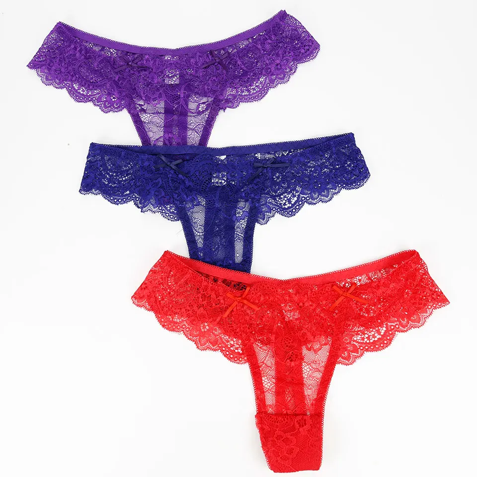purple blue red Стринги женские, 3 шт./лот, сексуальные, полностью кружевные, Т трусики, бесшовные, стринги, низкая посадка, прозрачные, танга, женское нижнее белье, Ультра тонкое белье - Цвет: purple blue red