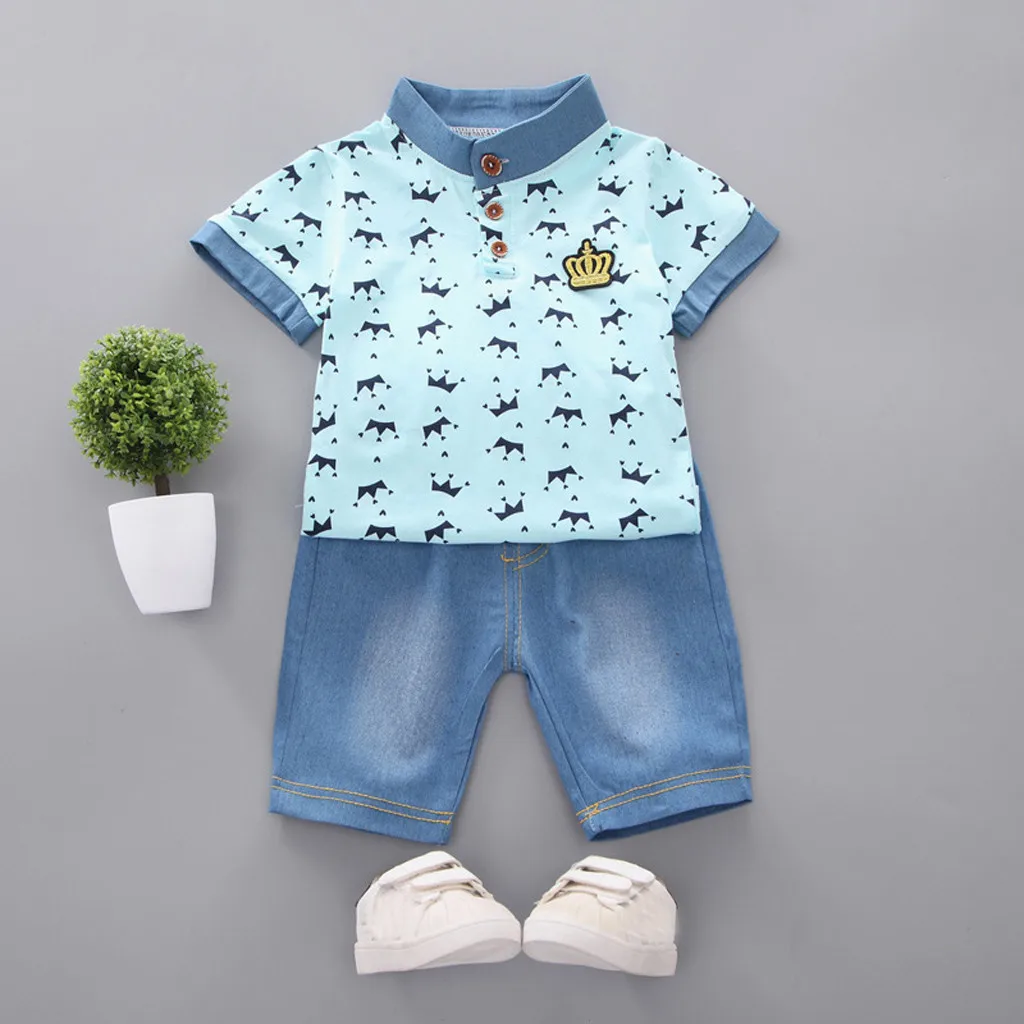 Kids Clothes Boys Summer Crown T Shirt Tops+ Denim Shorts Pants 2pcs Set erkek bebek giyim vetement enfant fille | Детская одежда и