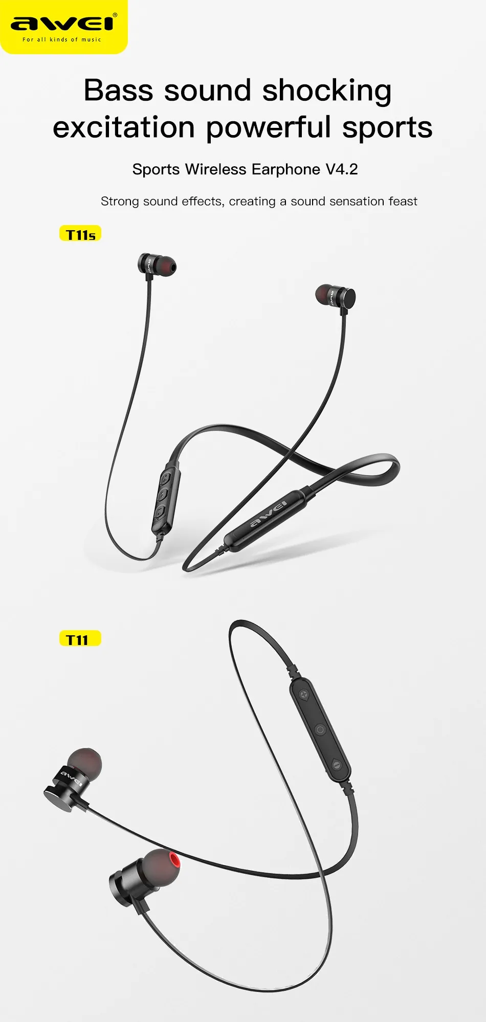 AWEI T11 Беспроводные наушники T11S Bluetooth-гарнитура для наушников для телефонов с шейным ободом Спорт 3D Бас наушники с микрофоном fone de ouvido