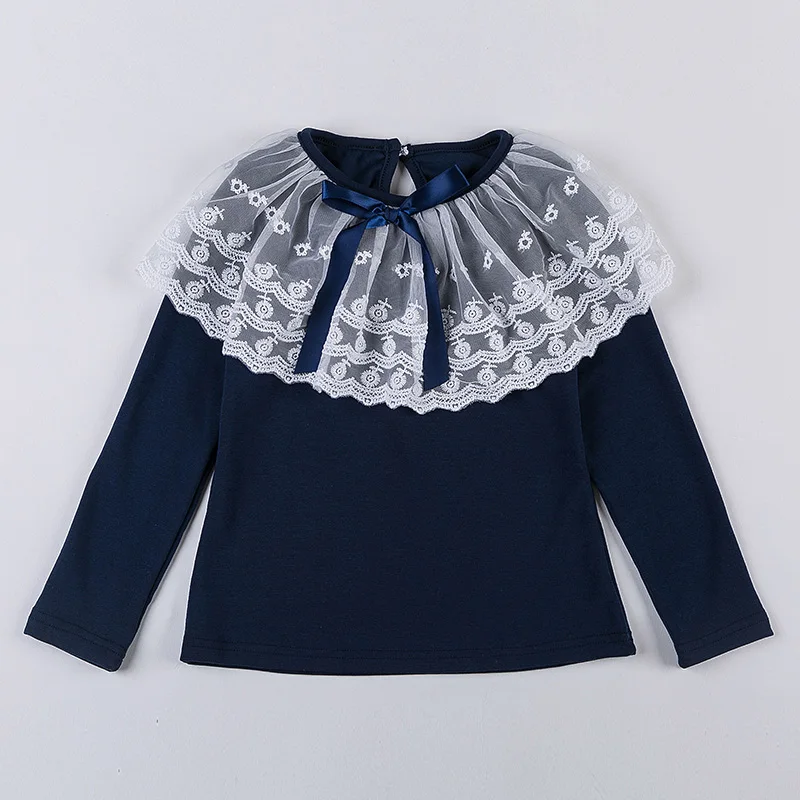 navy blue JOYHOPY/Детские топы; модные стильные рубашки для маленьких девочек; Детские топы с длинными рукавами и круглым вырезом; сезон весна-осень - Цвет: navy blue