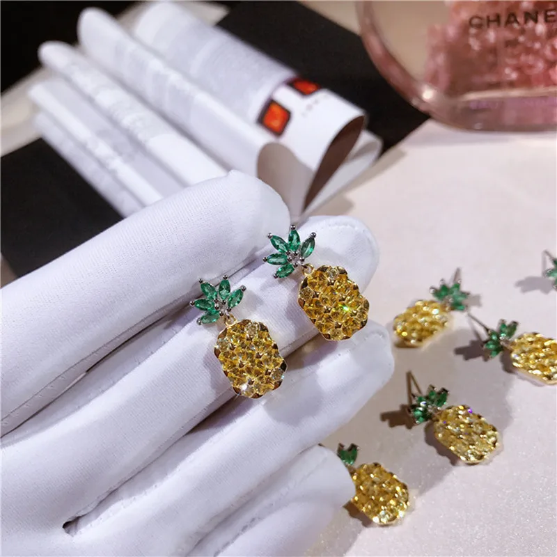 2017 new fashion S925 sterling silver exquisite craft pineapple earrings lovely yellow zircon stone fruit women's | Украшения и