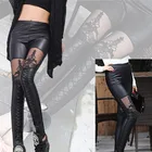 Женские кружевные леггинсы, черные готические леггинсы из искусственной кожи в стиле панк, на шнуровке