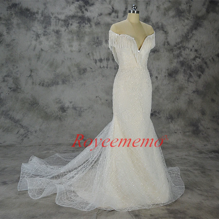 Роскошное кружевное свадебное платье Vestido de Noiva с открытыми плечами и кисточками