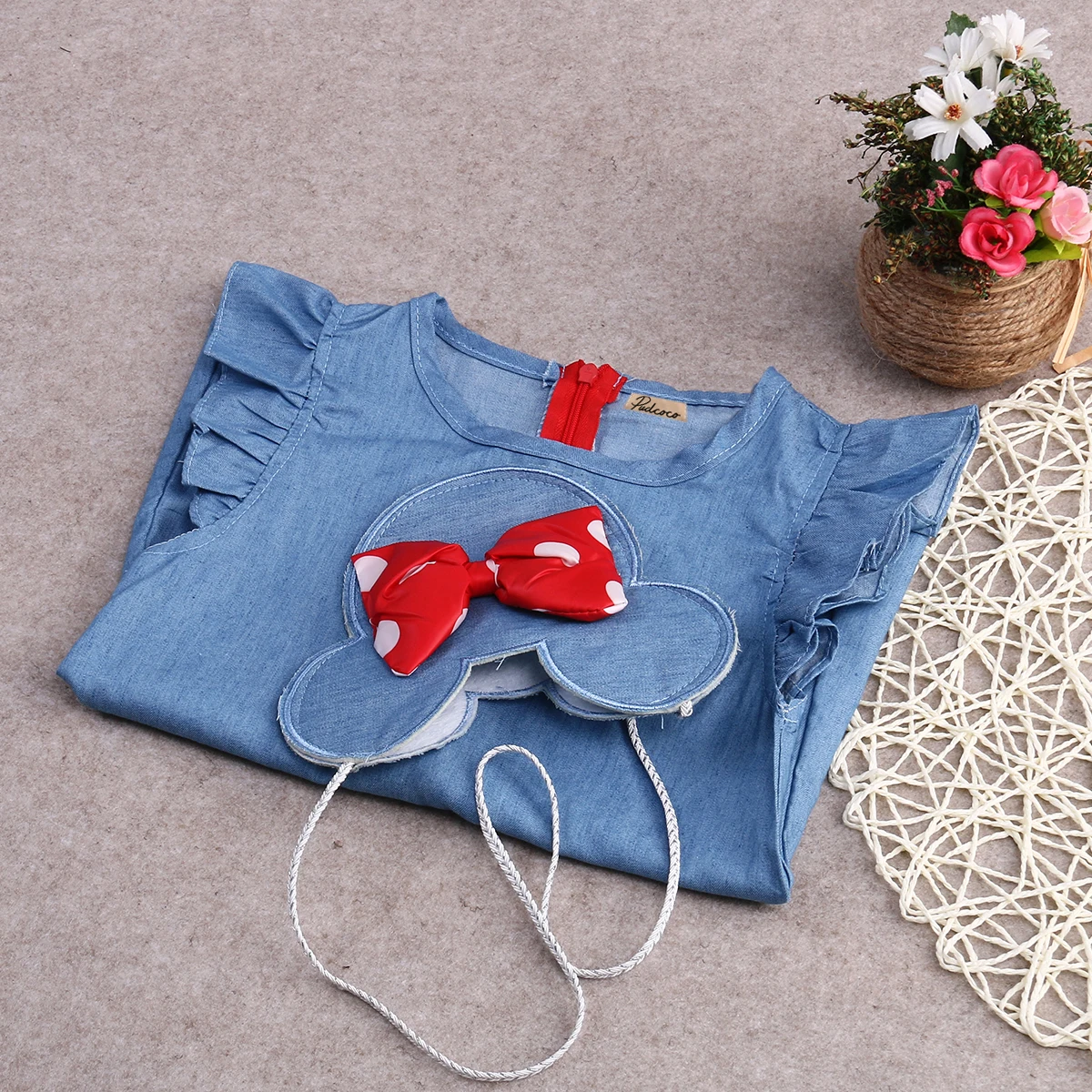 New 1-5Y Baby Toddlers Kids Girl Denim Dress Cartoon Sleeveless Bag Ruffles Casual Dresses | Детская одежда и обувь