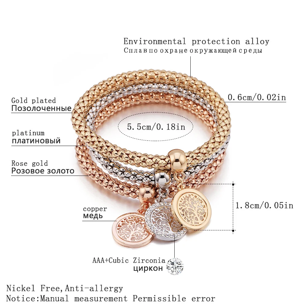 Женские браслеты-шармы из 3 предметов с кристаллами и золотыми эластичными