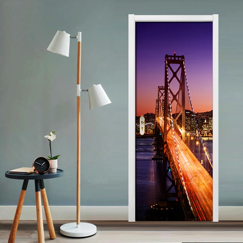 City Bridge Night Landscape 3D Self adhesive Door Stickers Mural Living Room Bedroom Home Decor Poster PVC Waterproof Wallpaper