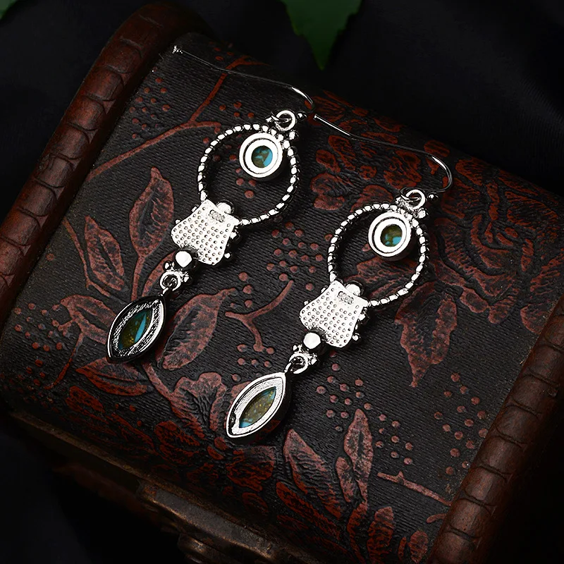 

Exaggerated Tibetan Silver Earrings Bohemia Ethnic Vintage Stone Earrings for Women Wedding Party Earring Jewelry Gifts