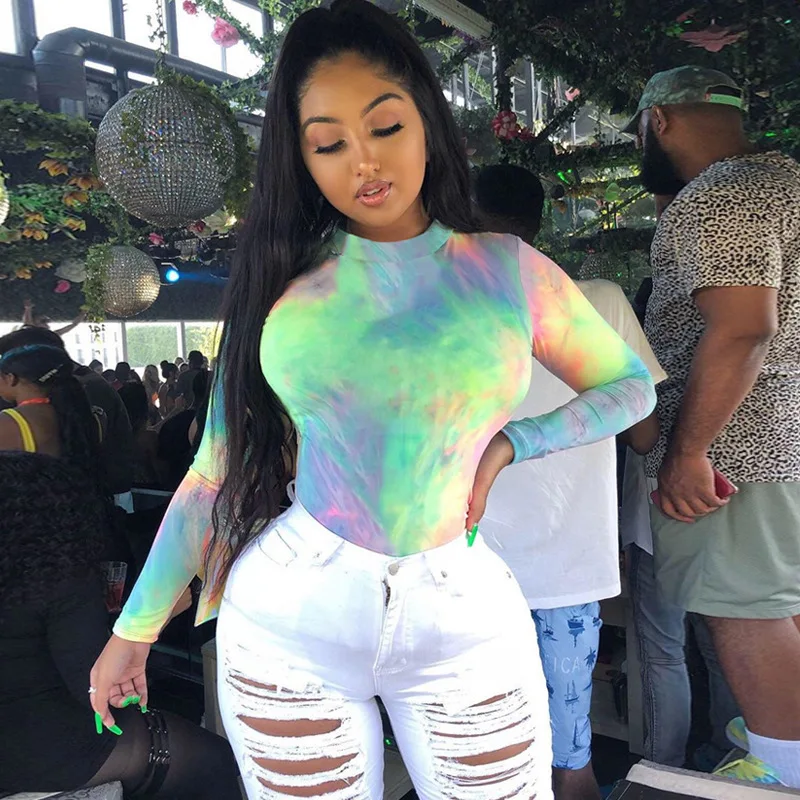 Боди с длинным рукавом и криптографическим принтом Tie Dye, повседневный комбинезон, женский комбинезон, осень, женские топы, облегающие модные Клубные боди