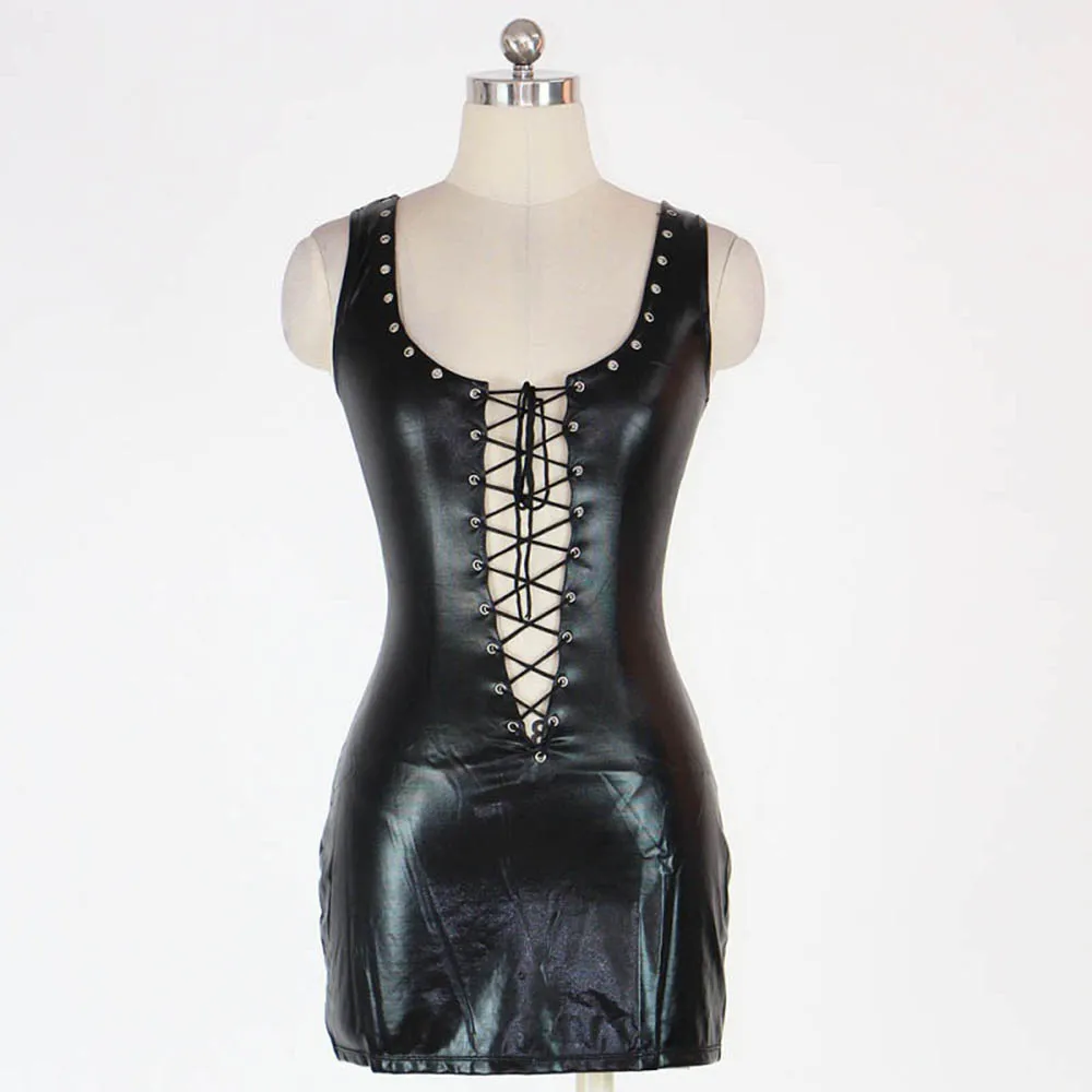 Bodycon Leather Dresses Strapless Latex Club Wear Sexy Sleeveless Lace Up Square Collar Mini Dress Vestidos Clubwear W7035B | Женская