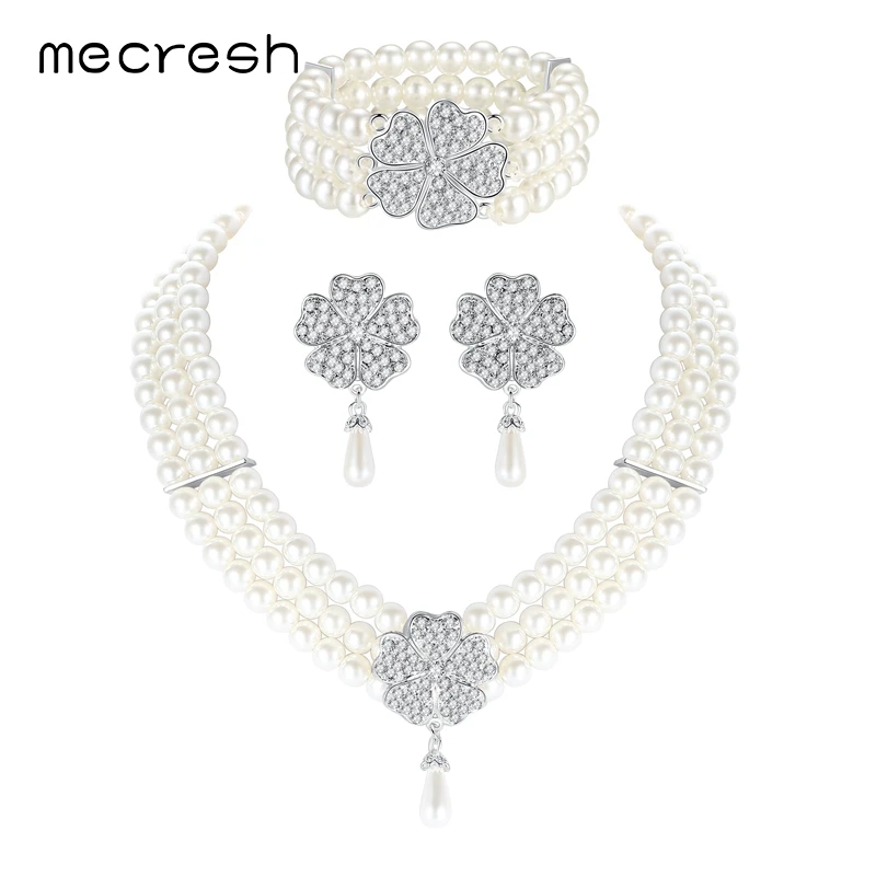 Mecresh Круглый Имитационные жемчужина Дубай наборы свадебных ювелирных изделий