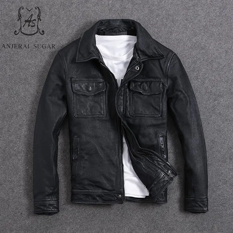Куртка мужская черная из натуральной коровьей кожи с карманами в винтажном стиле