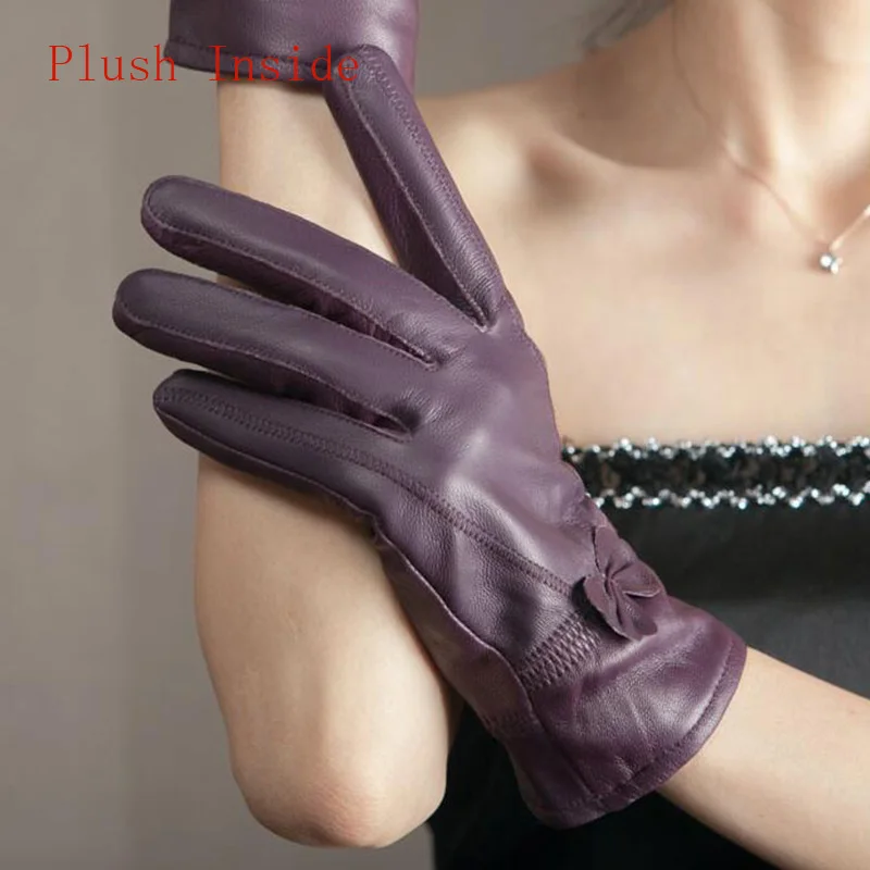 Plush Purple Женская обувь из натуральной кожи; из овечьей кожи бабочка knotl перчатки женские зимние тонкие/плотная обувь с подкладкой из плюша, кашемир теплый спортивный костюм с водительские перчатки L74 - Цвет: Plush Purple