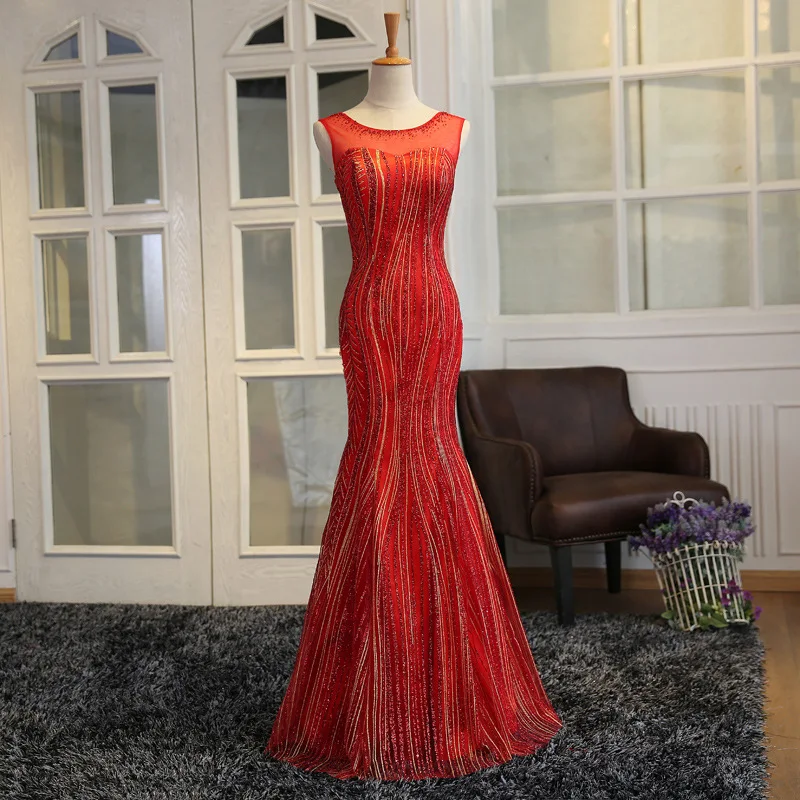 

Sexy Red Tulle Sheer Neck Robe De Soiree Sequins Beading Mermaid Formal Long Evening Dresses Vestidos De Festa Prom Party Gown